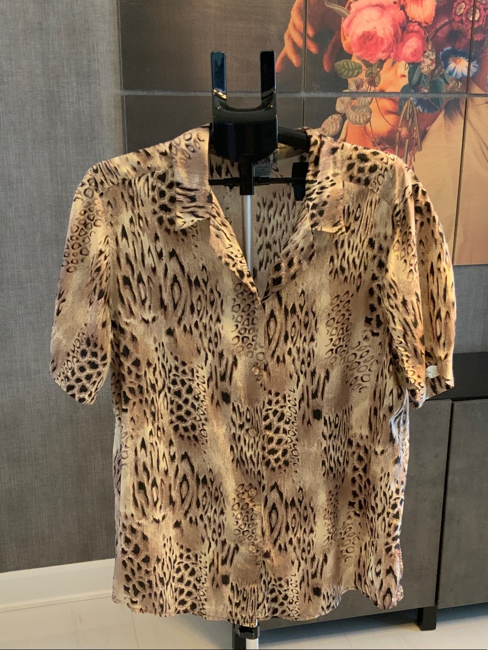 Vintage Stunt Silk Animal Print Short Sleeve Button-Up Top - Beige Brown 1X